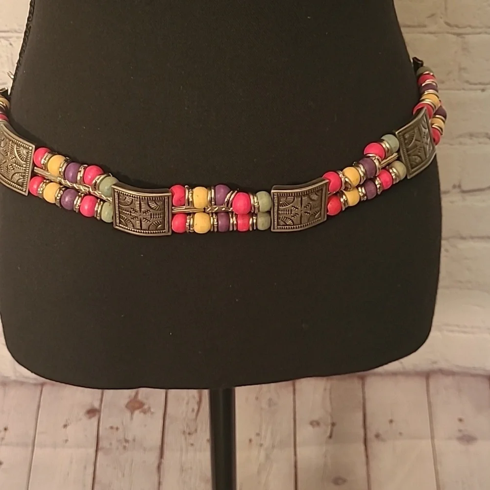 Multicolor Chain Belt Beaded Silver Medallion Artsy 80's Retro